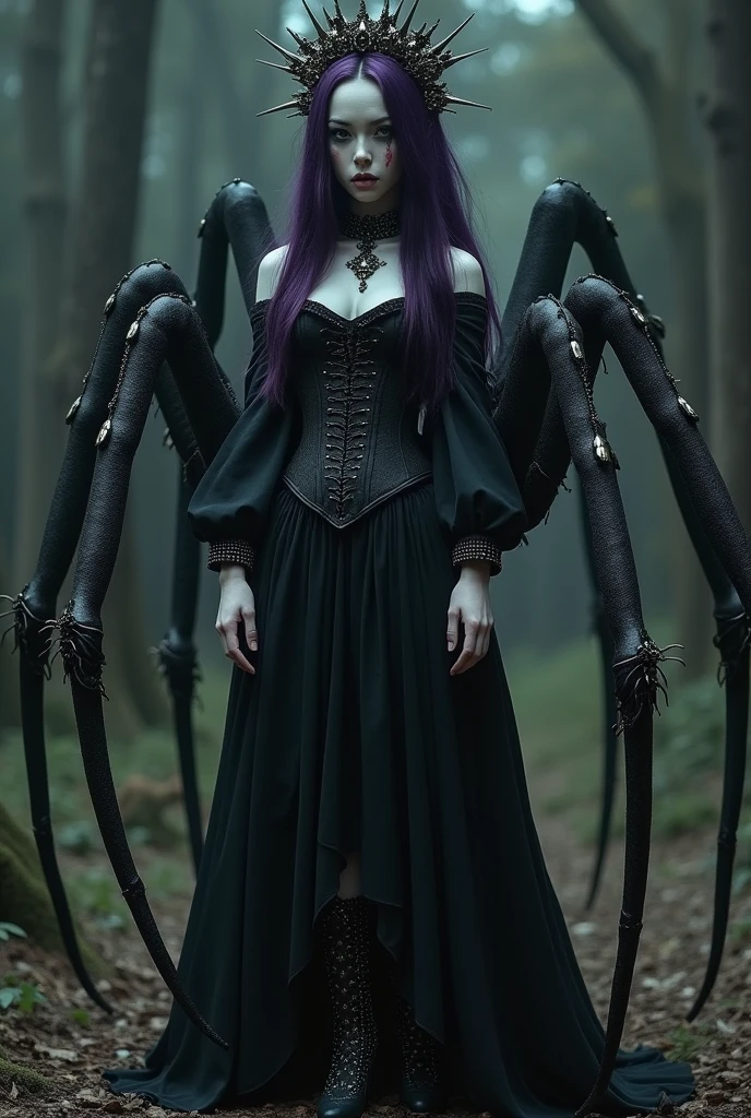 girl, tall, dark purple hair, knee-length, pale skin, six black eyes, chelicerae on her lips, a diadem with spiders on her head. on the back eight walking legs like a spider, clothes: black corset, long skirt, massive boots. 