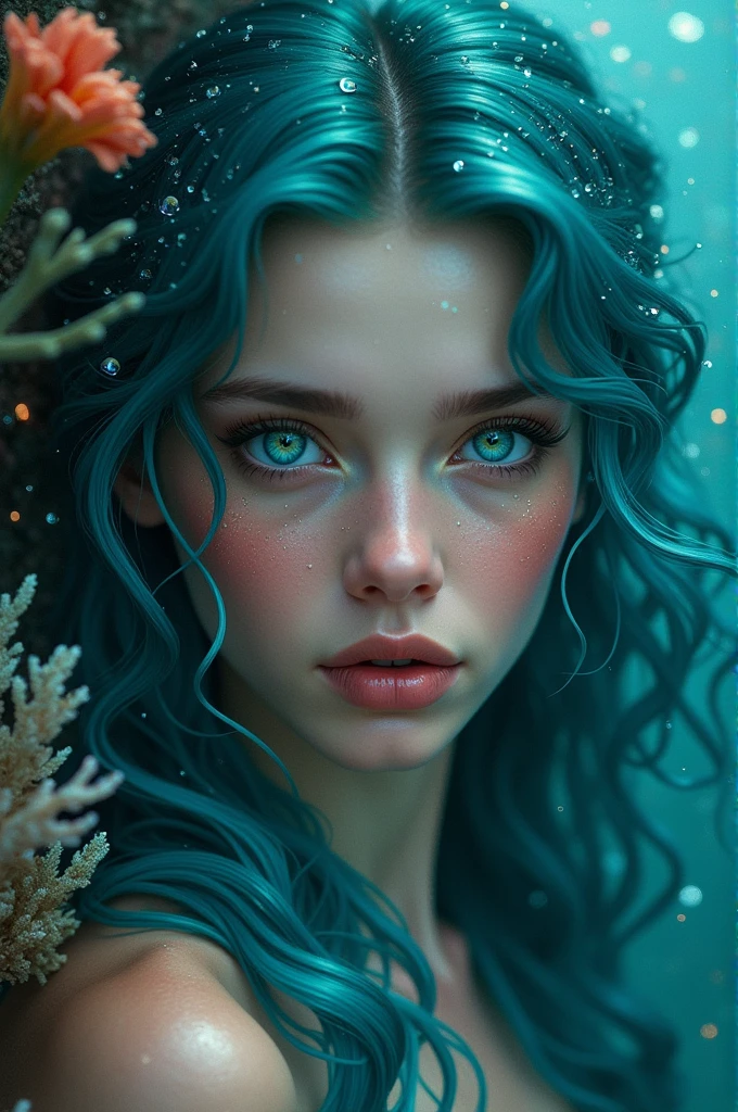 From the front, dazzling light teal eyes with water green teal like reflexes (ocean eyes) looking like siren eyes