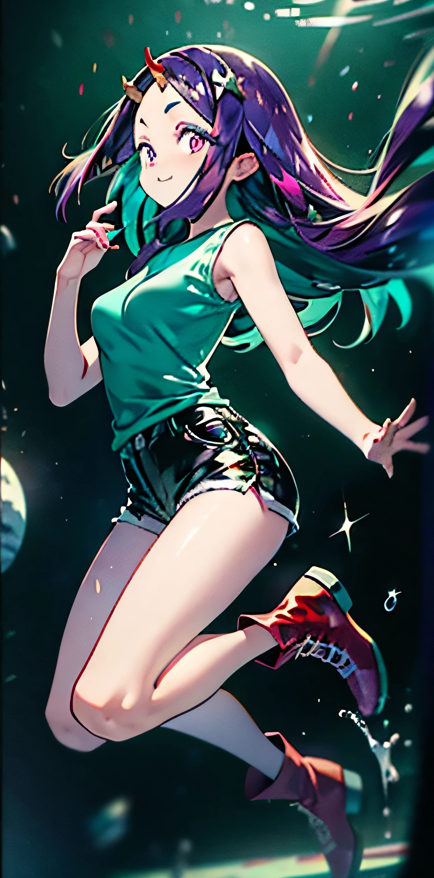 1girl, mature, lum, purple hair, ((bangs)), ((hime cut)), long hair, short side fringe, (((tiny horns on forehead))), (((cyan top))), (((shirt is tight over breasts and loose on torso))), pleated shirt, ruffled shirt, flowy shirt, (sleeveless), ((medium breasts)), black short shorts, pink eyes, sharp eyes, eyeshadow, in outer space, next to the moon, stars, planets, cute, full_body, smile, floating, bare legs, BREAK, (red ankle boots) 