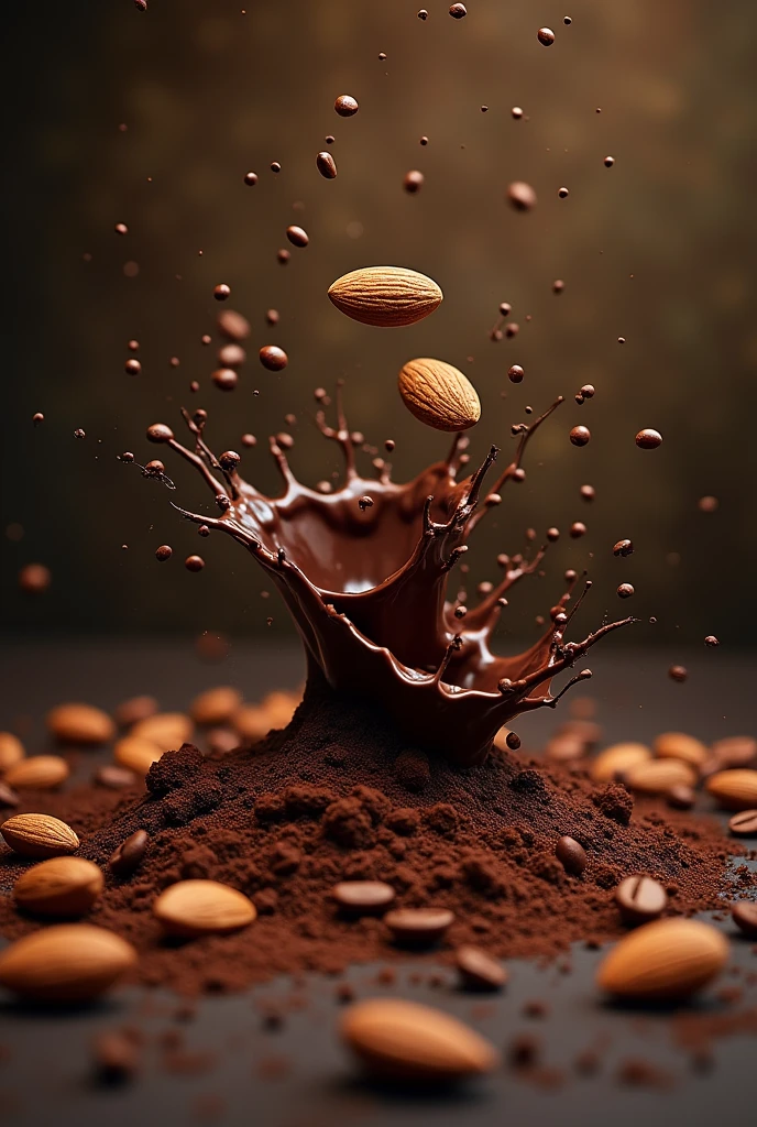 cacao spash , with almond split in half in the air coffee scattered ,
in a dark vanilla environment, with jasmine flowers and also sandalwood