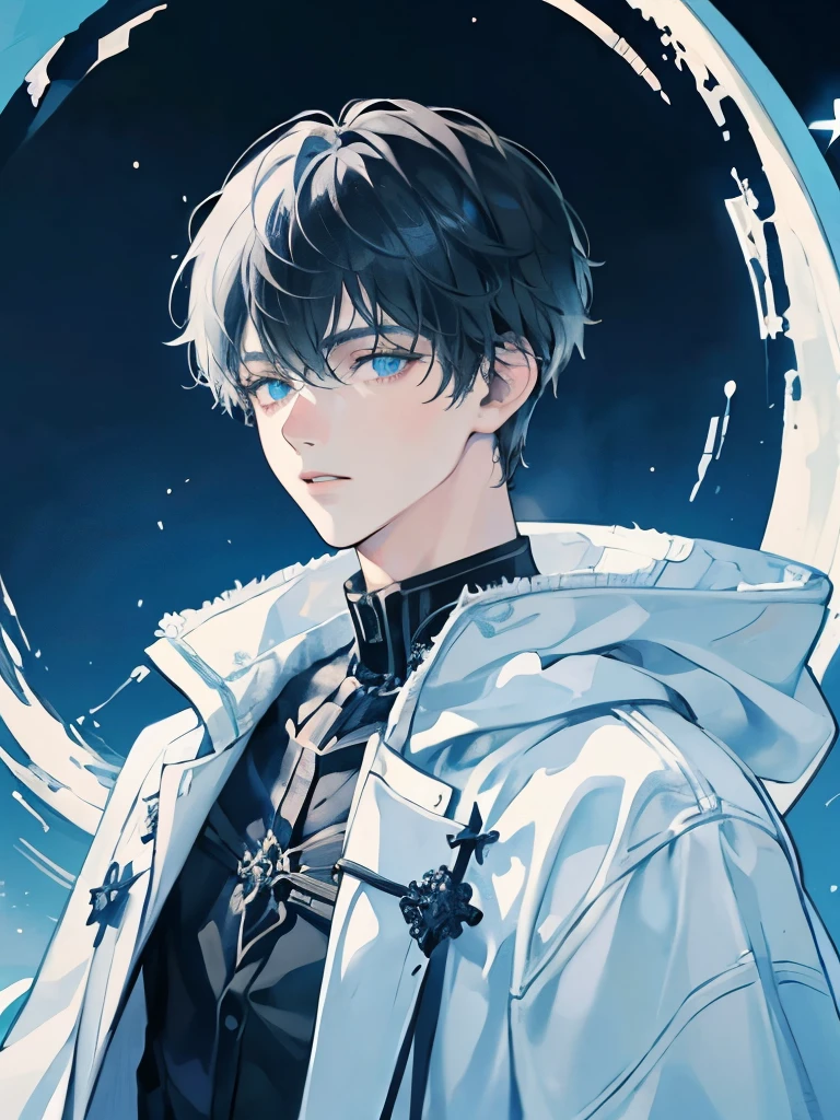 Russian ager mature boy, black short hair, cyan eyes, white cold weather outfit, white cloak, ultra detailed, Fantasy style