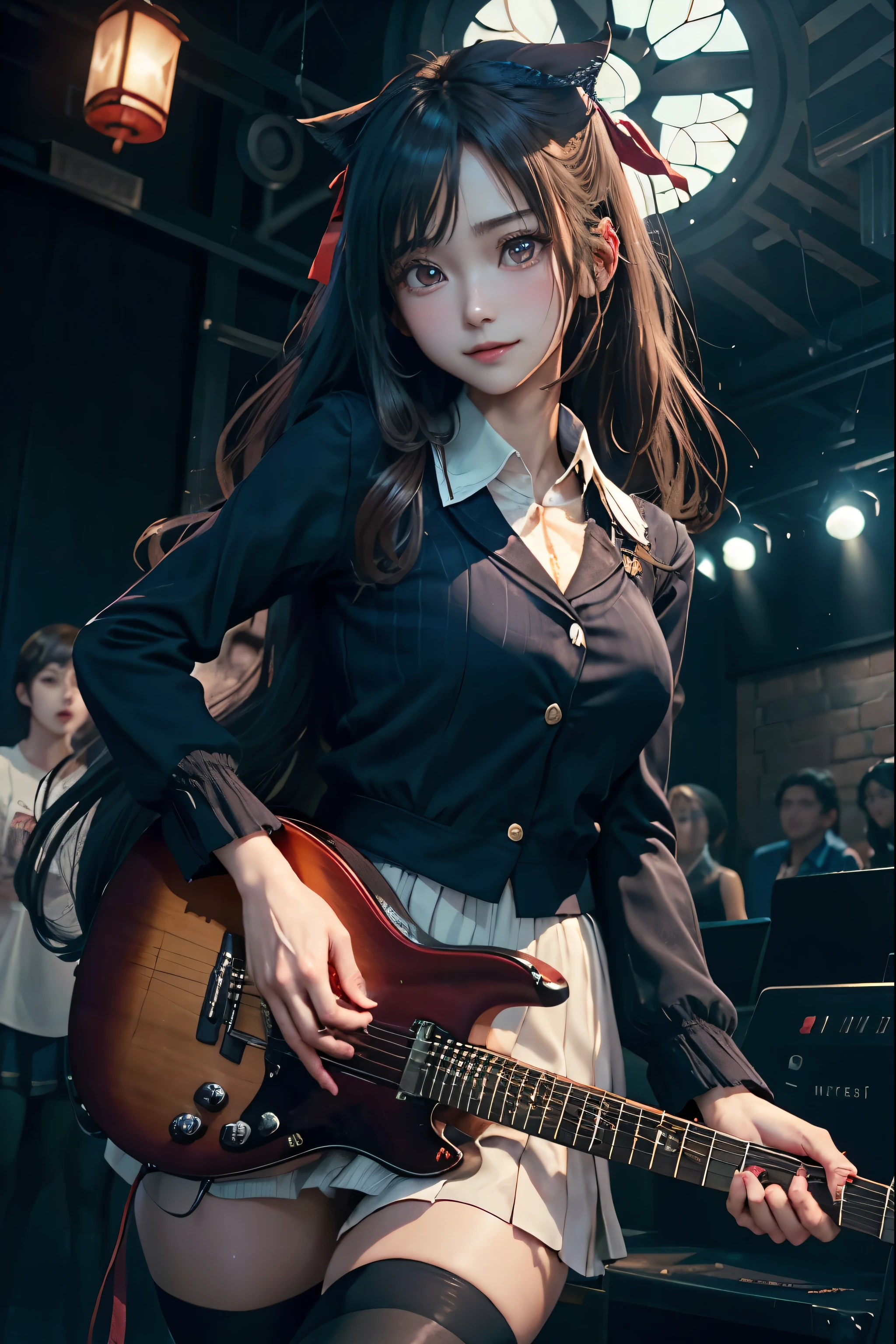 High school girl blazer、uniform、Red checked knee-length skirt、Long skirt、JK Style、Jacket、smile、Knee-high socks、Thigh-high socks、pantyhose、Extremely beautiful、Super cute、ennui、Rare Beauty、Dark black eyeshadow、sad、Skin radiance、Long Hair Straight Hair、Dark Gothic Makeup、Dark Smile、Fragrant beauty、Stained glass background、masterpiece、Highest quality、See 5 books、Sweat glistening on my chest、Sweat glistening on the face、Small breasts、22 years old、Slightly slim、Mysterious look、Sad look、Mysterious Gothic Church、enchanting castle、Excessive sweating all over the body、Sweat dripping down thighs, shining in the light、Shiny thighs、Thighs、Sweat on thighs, shining brightly、sweat profusely、gal、Small breasts、Japanese face、Captivating look、Thin Thighs、play the guitar、I have a guitar、Enthusiastic singing、play the guitar in a band、Playing guitar chords、Background of the live music venue、Sing a song、Open your mouth、Scenery of a live music venue、Mike stand、Glamorous live stage、Dynamic Angles、Vivid straight long hair、delicate straight hair、