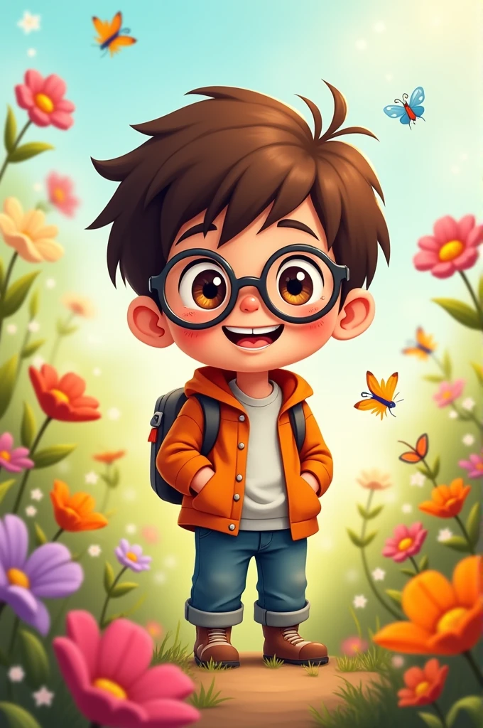 chibi drawing of a boy with round glasses and brown hair 