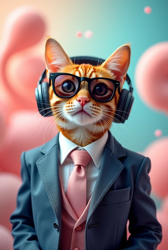 Perfect centering, Cute cat,Wear a suit, Wear sunglasses, Wear headphones, Cheerfulness, Standing position, Abstract Beauty, Centered, Looking into the camera, To the camera, Approaching perfection, dynamic, Very detailed, Smooth, Sharp focus, In 8K