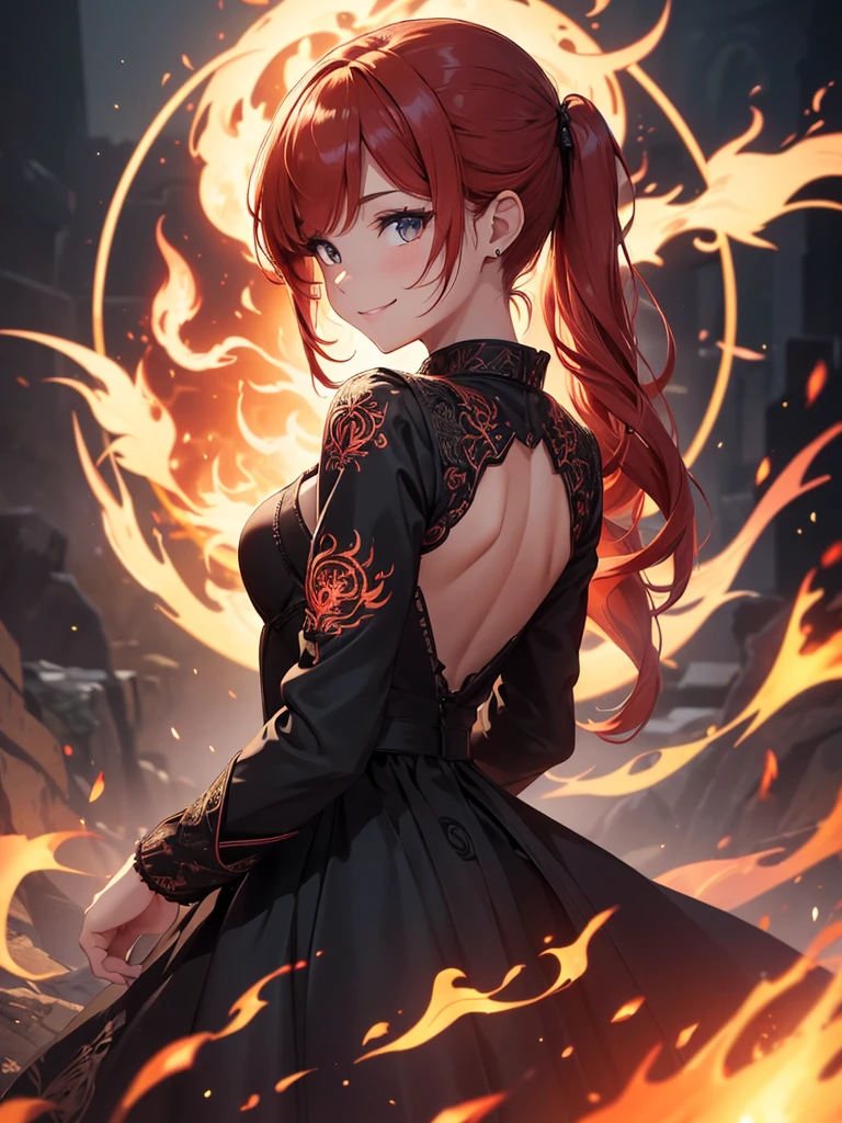 (((best quality, sharp image, clear image, cinematic lighting, 8k resolution, masterpiece, ultra detailed, intricate))) Girl, (((looking over left shoulder))), (shot from behind), ((shot from hip up)), fiery red hair, pigtails, ((intricate black dress)), ((flaming sigils, flaming runes)), spiky rock formations, (flaming lotus flowers frame), (intricate background), ((Phoenix)), (swirling flames), smiling