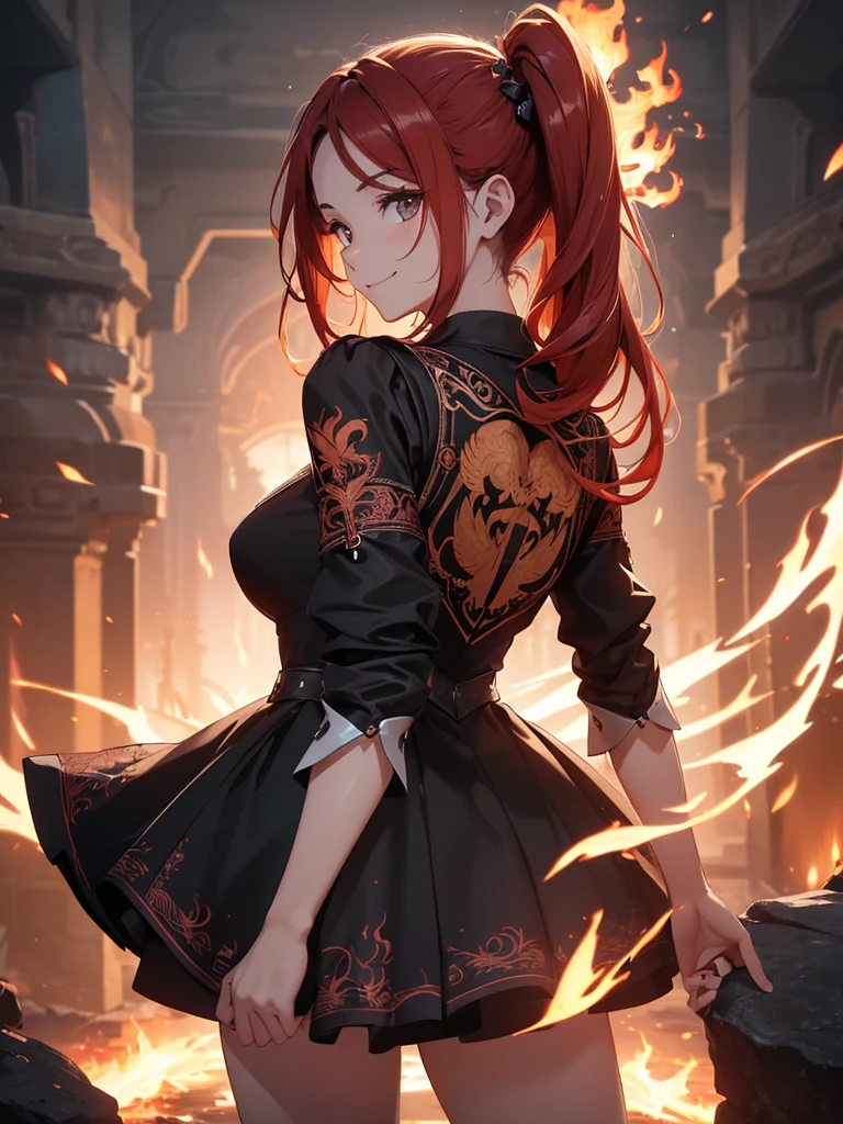 (((best quality, sharp image, clear image, cinematic lighting, 8k resolution, masterpiece, ultra detailed, intricate))) Girl, (((looking over left shoulder))), (shot from behind), ((shot from hip up)), fiery red hair, pigtails, ((intricate black dress)), ((flaming sigils, flaming runes)), spiky rock formations, (flaming lotus flowers frame), (intricate background), ((Phoenix)), (swirling flames), smiling