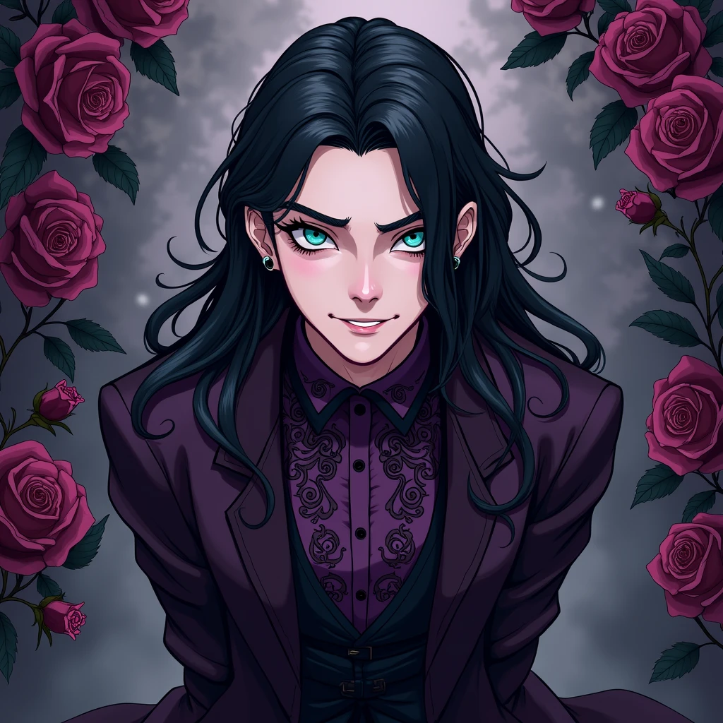 Male, sexy, long black hair, teal blue eyes, young, gothic clothes. delicate features, no facial hair, no body hair, seductive, white and pale. Roses. Purple and black. Long eyelashes. No facial hair. Man. Male. Smirking. No body or facial hair. Young male. Cartoon style. Male. Towering over the camera. Full body. Malicious.