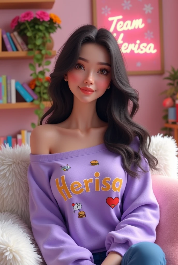 Create a detailed 3D model of a beautiful woman with light brown eyes, dark chocolate brown hair, and very pretty eyelashes. She should have bangs that fall forward and be wearing a purple-lilac off-the-shoulder sweatshirt that says HerIsa.  The sweatshirt should have a little mouse and a hamburger drawn on it. She should be sitting on a white fluffy piece of furniture. In the background, there should be flowers and books on shelves, and a sign that says Team Herisa.♡

