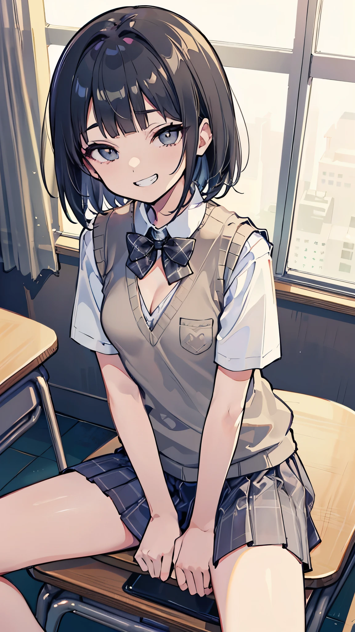 masterpiece、Highest quality、Very detailed))、One person、Black Hair、Black Hair、short hair、blunt bangs、Grey Eyes、evil smile、((Grin))、((Small breasts))、((White shirt))、clavicle、cleavage、A bow tie、((gray sweater vest))、((plaid miniskirt))、Cowboy Shot、((spread legs))、Sit at a desk、Shoot from above、Classroom Background