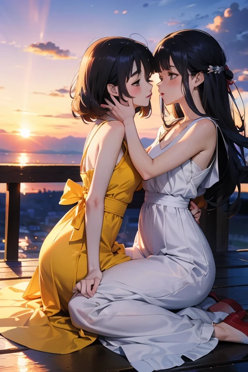 The two girls hugged each other. Kiss each other face to face. Grasp each other's breasts with your hands. Perfect figure., {{Huge breasts }},{ Perfect body },{ Exquisite face},{{{best quality}}},{{ultra-detailed}}, {{masterpiece}},{{masterpiece}}, {{{best quality}}},{{ultra-detailed}}, {{illustration}},{{disheveled hair}},{{disheveled hair}},clear facial features,Realism,Photorealism,New Realism,octane render,Corona Render,UE4,high detail,hyper quality,high resolution,8Ktrending on artstation,HD,hyperrealism,telephoto lens,Chest Shot(MCU),first-person view,film lighting,