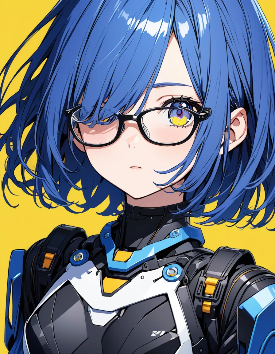 (masterpiece)、(absurdres)、(ultra detailed)、(8k),Anime illustration,BREAK,(yellow simple background:1.4),BREAK,(Simple glasses),potrait shot,Expressionless:0.9,solo girl、Slender:1.1、shiny ultramarine hair、straight hair、short bobcut:1.1、hair covering one eye:1.1、small breast:0.8、ultramarine eyes、irisless eyes、mechanical suit,side view,