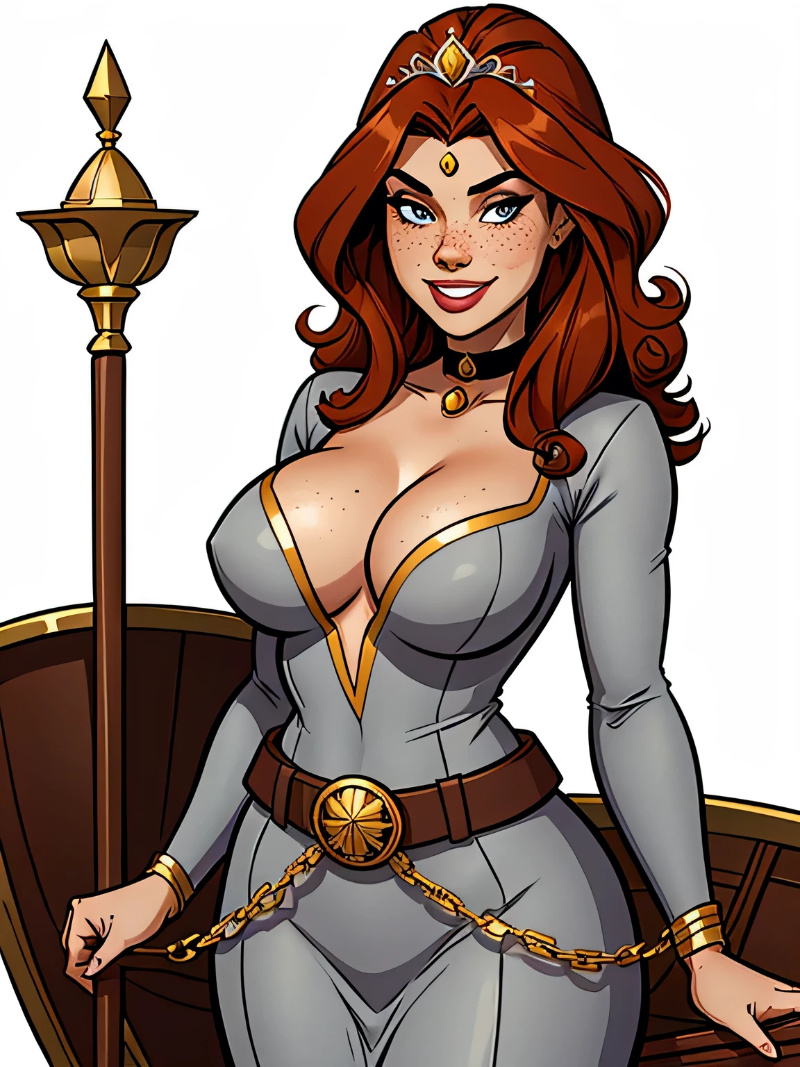 Thin woman, age 25, 4K (High definition), beautiful smiling, seducing gaze, eyes browns, wearing a tiara and a royal dress (gray and gold) with a boat neckline and long sleeves, choker on the neck, brown belt, Caucasian skin, long curly red hair, standing (upper body), full of curves with freckles across her chest and neck. Marvel style high quality, white background.