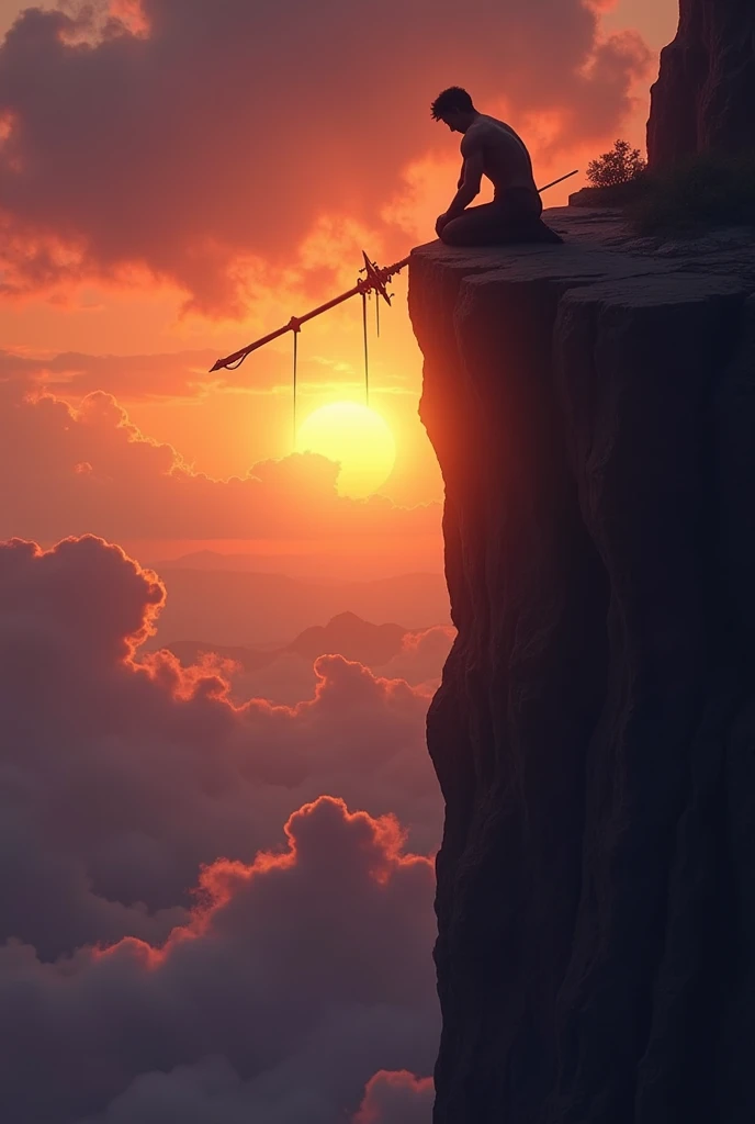 un personnage au bord d'une falaise, avec un couché de soleil en face de lui, il était à genoux entrain de tomber et on le voir de dos, il a une lance planter en lui qui le transperce et on peut le voir tomber lachant des larmes en même temps