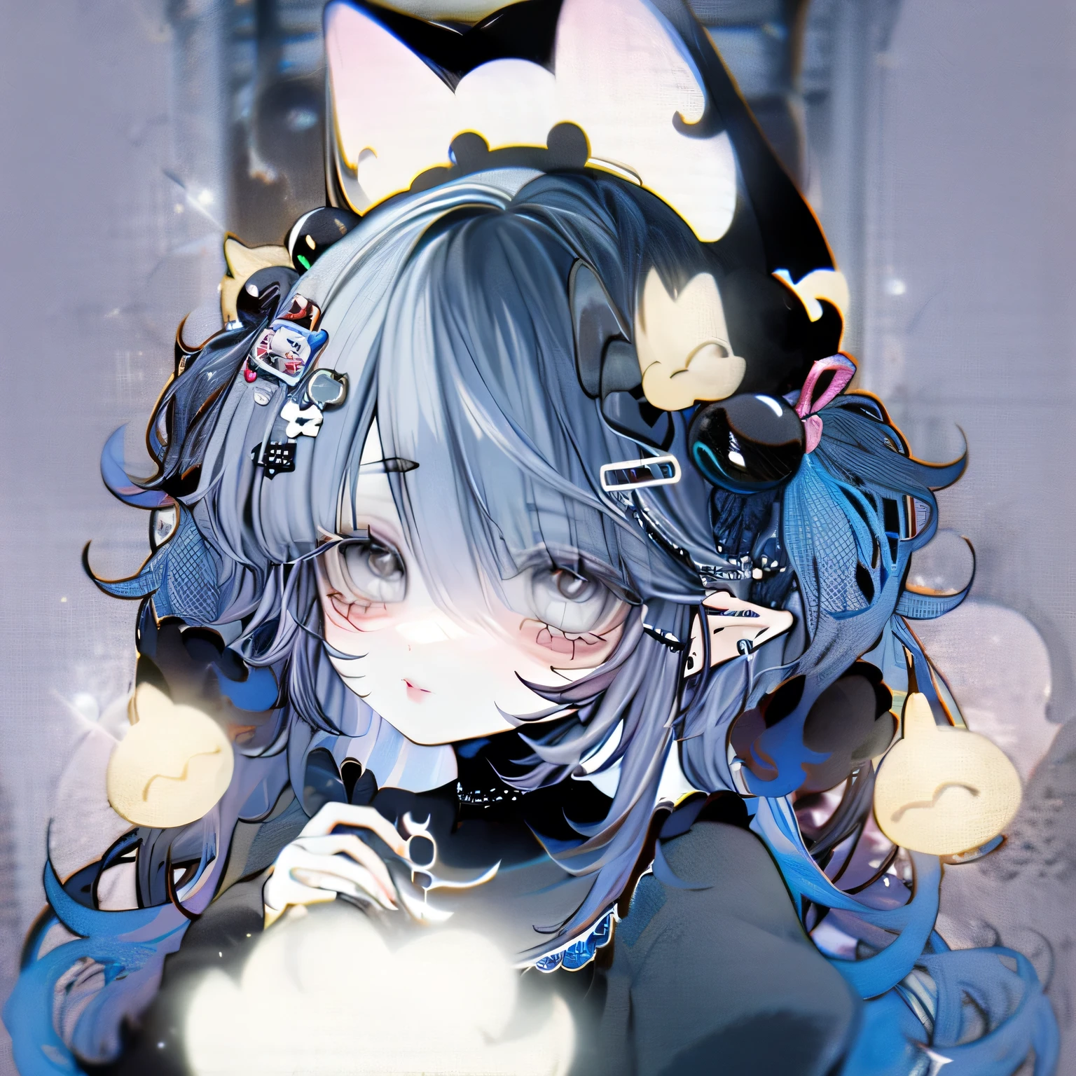 (sticker),#quality(8k,best quality, masterpiece),solo, #1girl(cute, kawaii,small kid,smile,hair floating,hair color cosmic,pigtail hair,zombie skin,ghost skin ,skin color blue,pale skin,eye color cosmic,eyes shining,big eyes,damaged clothes,heavy metal costume,smirk,close-up eyes),#background(simple,monotone),close-up eyes