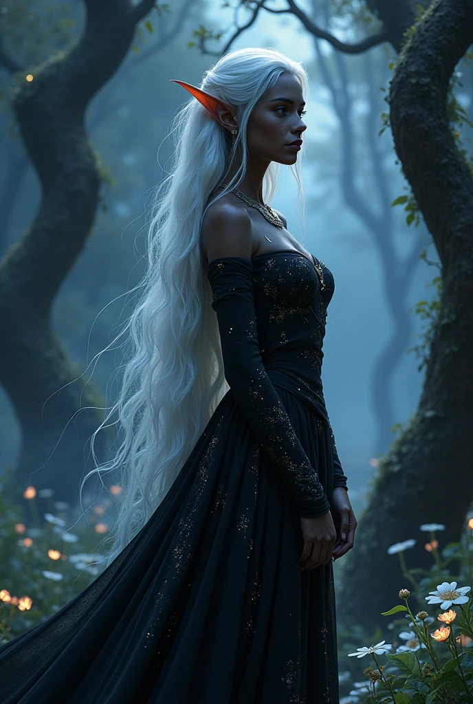 Black elf wearing black dress , with white hair.