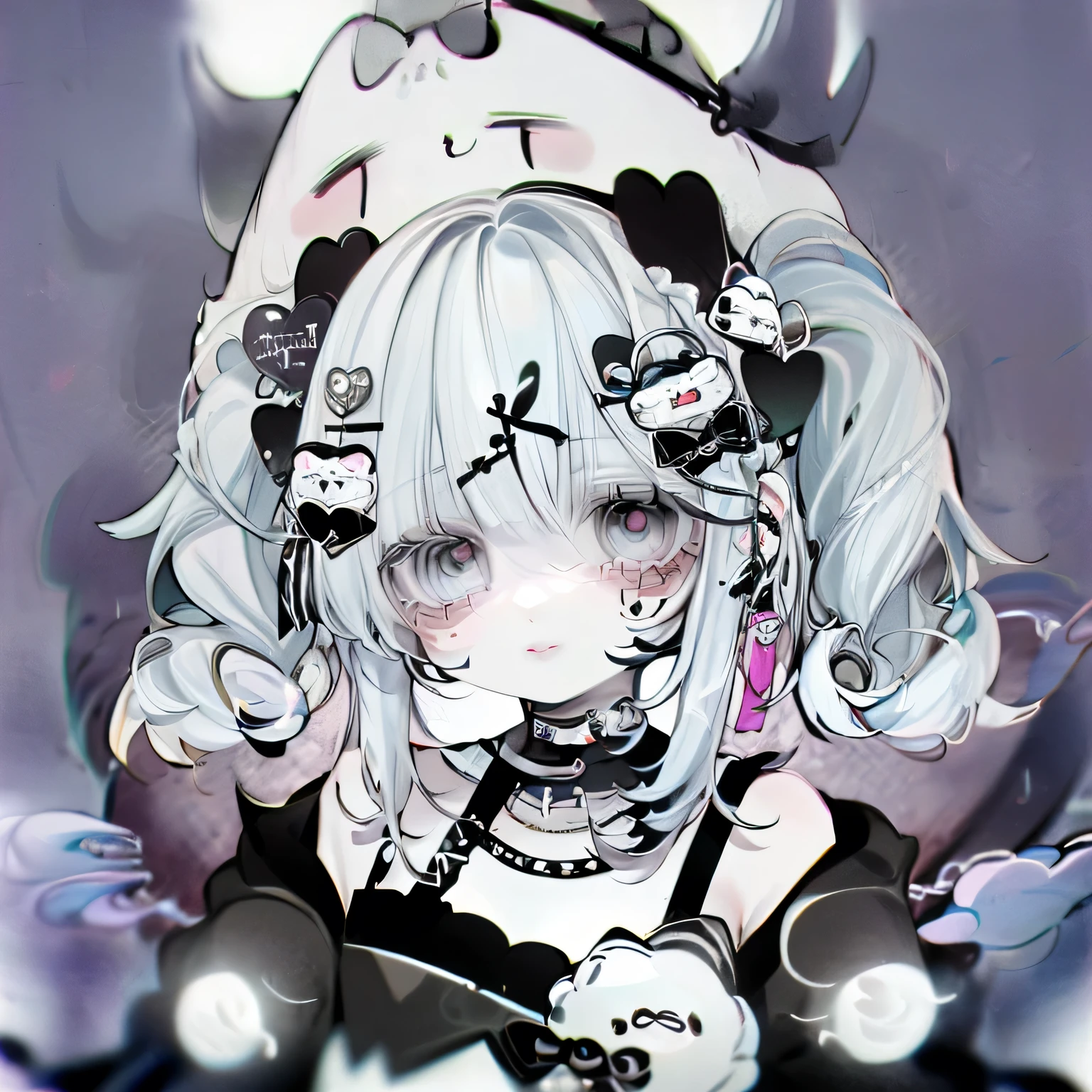 (sticker),#quality(8k,best quality, masterpiece),solo, #1girl(cute, kawaii,small kid,smile,hair floating,hair color cosmic,pigtail hair,zombie skin,ghost skin ,skin color blue,pale skin,eye color cosmic,eyes shining,big eyes,damaged clothes,heavy metal costume,smirk,extreme close up),#background(simple,monotone),(extreme close up)