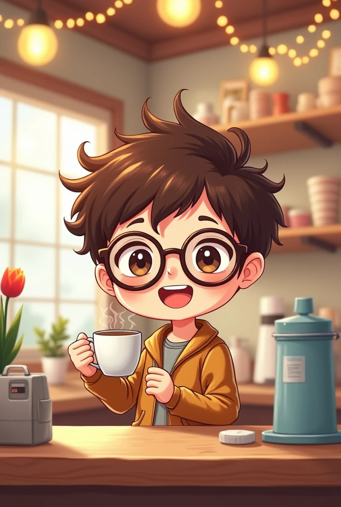 Cute chibi drawing of a boy with round glasses and brown hair for a cafe logo