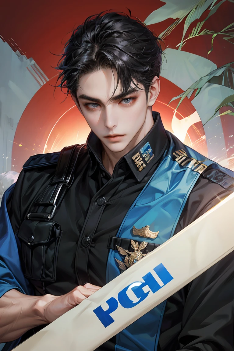 A muscular man with long black hair, wearing Korean police uniform, very muscular, masculine face.