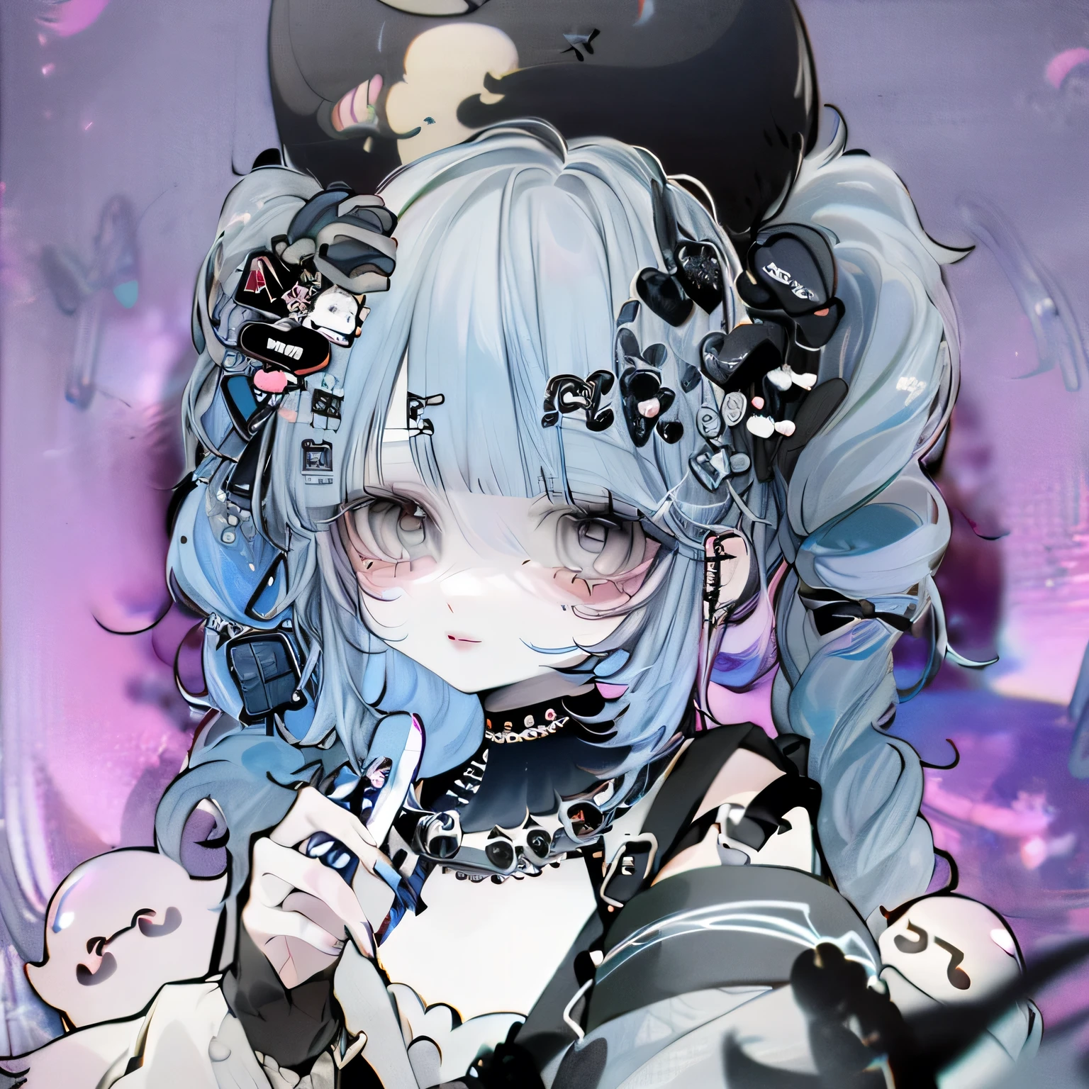 (sticker),#quality(8k,best quality, masterpiece),solo, #1girl(cute, kawaii,small kid,smile,hair floating,hair color cosmic,pigtail hair,zombie skin,ghost skin ,skin color blue,pale skin,eye color cosmic,eyes shining,big eyes,damaged clothes,heavy metal costume,smirk,close-up face),#background(simple,monotone),close-up face