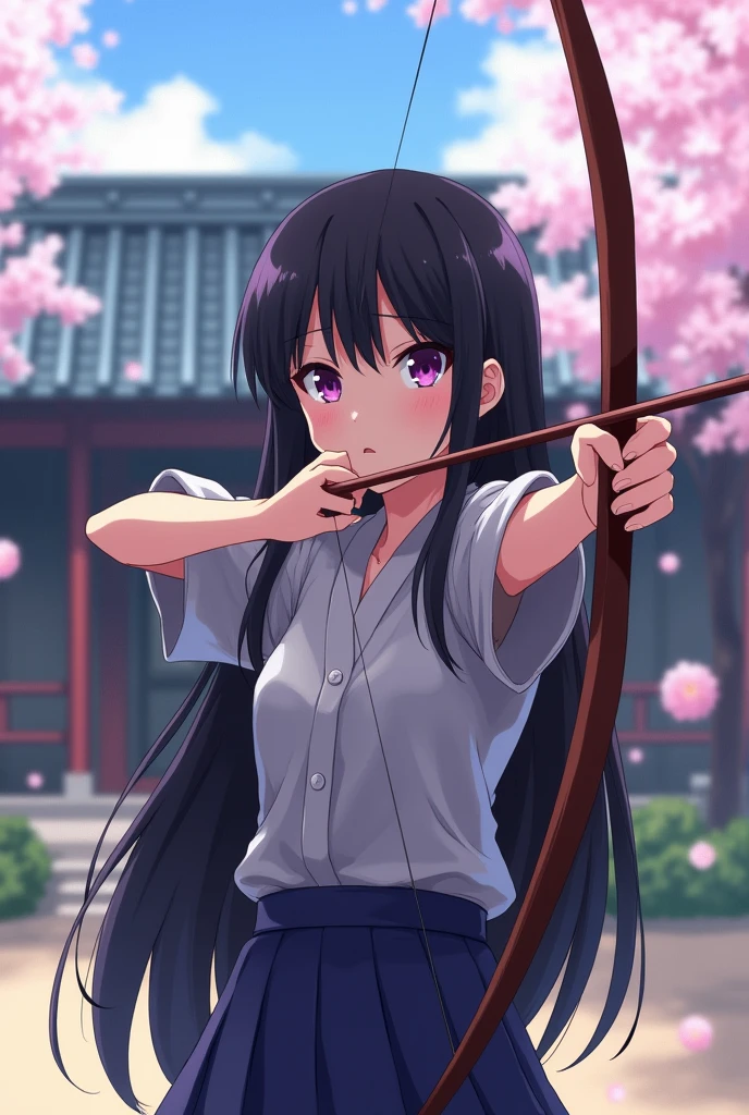 Serious young Japanese girl with long straight black hair, purple-eyed, practicing archery at school, anime styling