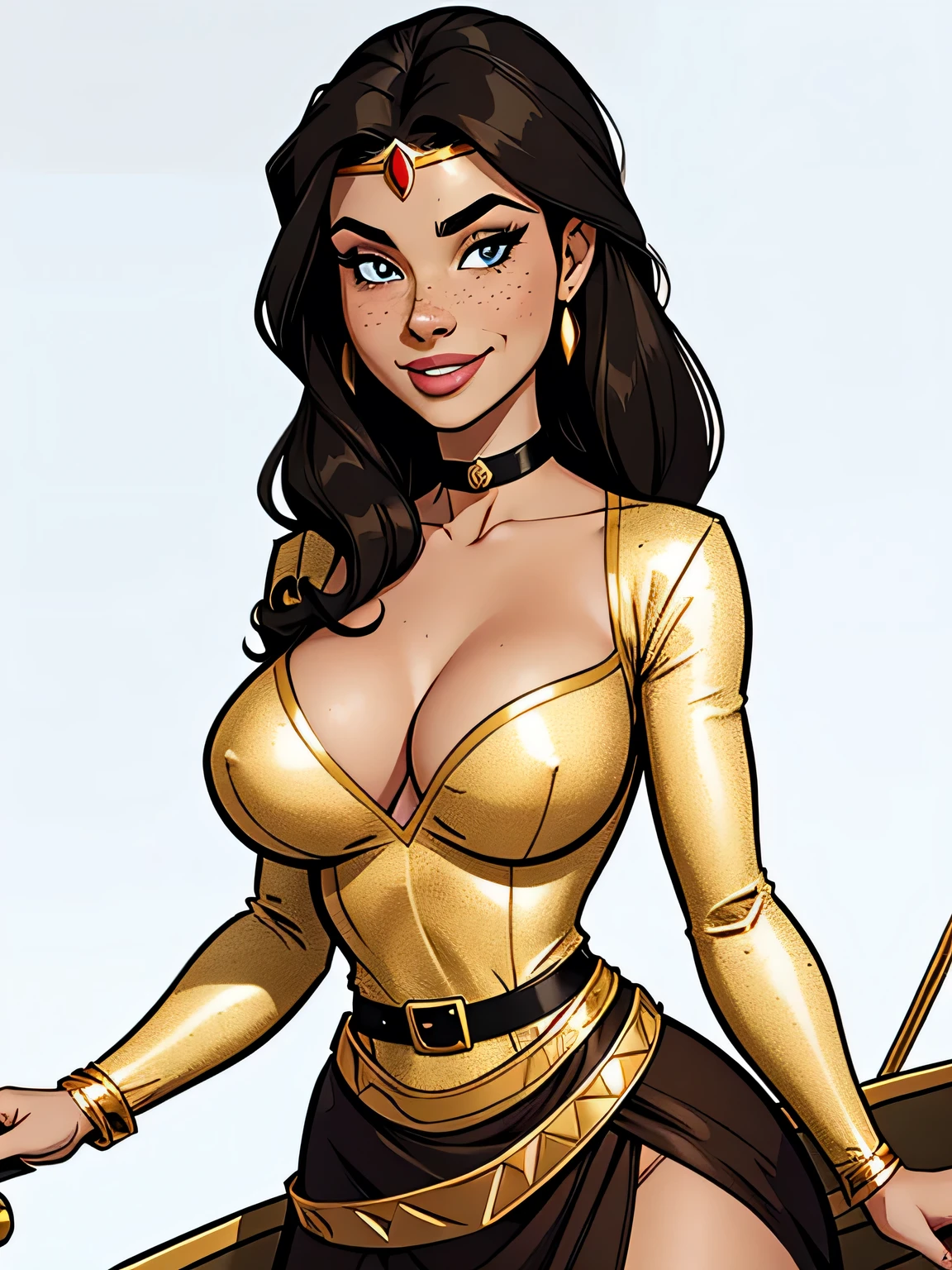 Thin woman, age 25, 4K (High definition), beautiful smiling, seducing gaze, eyes browns, wearing a tiara and a royal dress (gray and gold) with a boat neckline and long sleeves, choker on the neck, brown belt, Caucasian skin, long curly black hair, standing (upper body), full of curves with freckles across her chest and neck. Marvel style high quality, white background.
