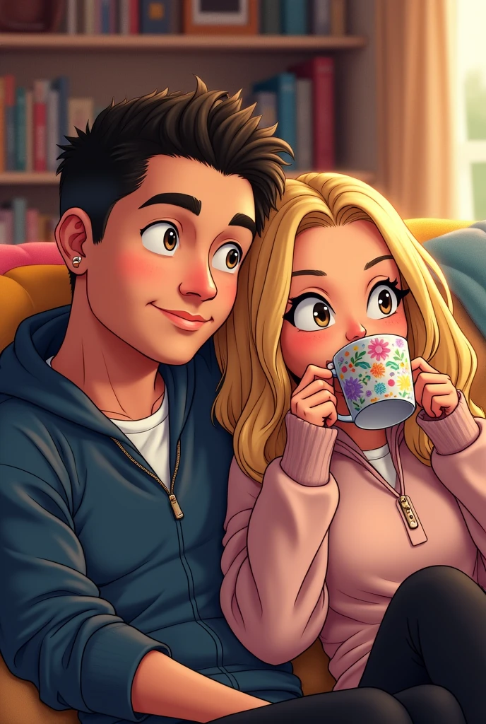 I want you to draw James Rodríguez in the living room with Britney Spears watching TV drinking coffee in anime style 