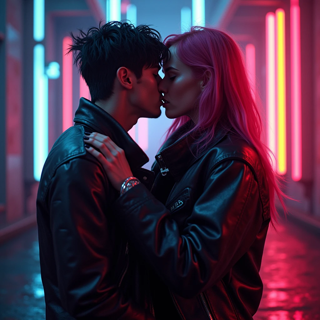 gay, cyberpunk, passionate kiss