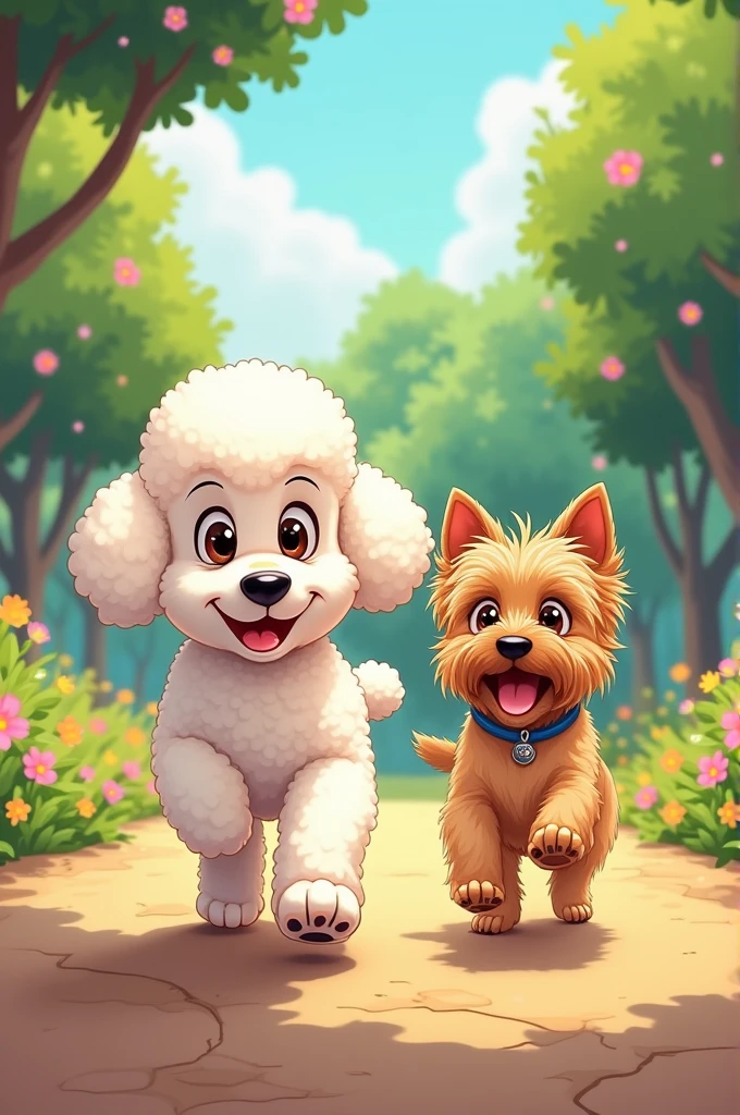 Make a cartoon illustration of a poodle with a Yorkshire, a white poodle and a little bigger than the yorkshire.