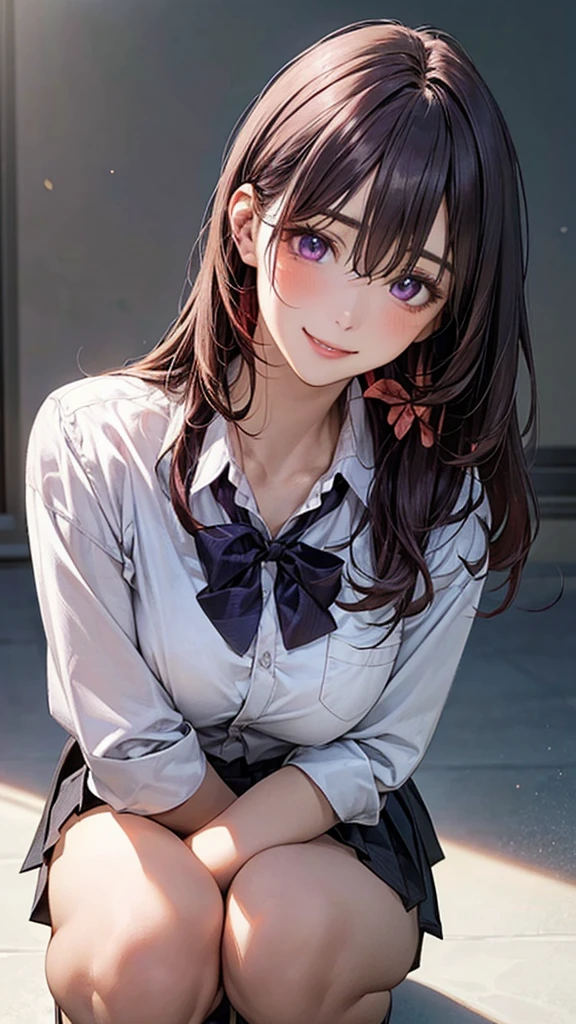 (masterpiece:1.2, Highest quality), (Realistic, photoRealistic:1.4), Beautiful illustrations, (Natural Side Lighting, Cinema Lighting), Browsing Caution,
View your viewers, 1 person, Japanese, high school girl, Perfect Face, Cute and symmetrical face, Glowing Skin,
(Mid-length hair:1.5, (Both sides up:1.2), Gray purple hair), Hair between the eyes, Slanted Eyes, Purple eyes, Long eyelashes, (Large Breasts), thin, Dark red hair ribbon,
Beautiful Hair, Beautiful Face, Beautiful attention to detail, Beautiful clavicle, Beautiful body, Beautiful breasts, Beautiful thighs, Beautiful feet, Beautiful fingers,
((White collared shirt, Grey box pleated mini skirt), Dark red bow tie), squat, Tilt your head, (Cute smile, Open the mouse), Simple Background,