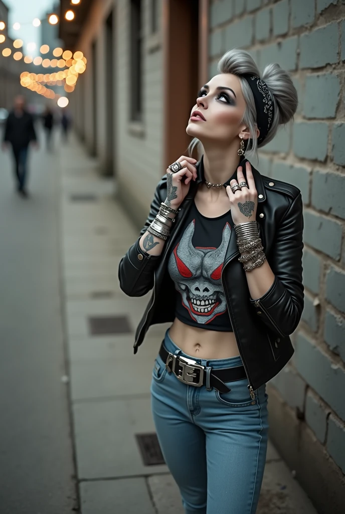 russian milf woman, biker gang member, grey hair (top bun) with bandana headband, with very light blue eyes, extremely pale, heavy eye shadows. Thin. Sad, humbled face, smeared excessive make up and smeared lipstick Wearing black moto jacket, cropped t-shirt with devil logo, skinny blue jeans and black cowboy boots . Lots of metallic bracelets. Tacky wide belt with massive skull and bones buckle . One hand in her neck, the other in one pocket. Lots of rings. Wide loop earrings. Looks up with amazement like talking to God, mouth and eyes open.