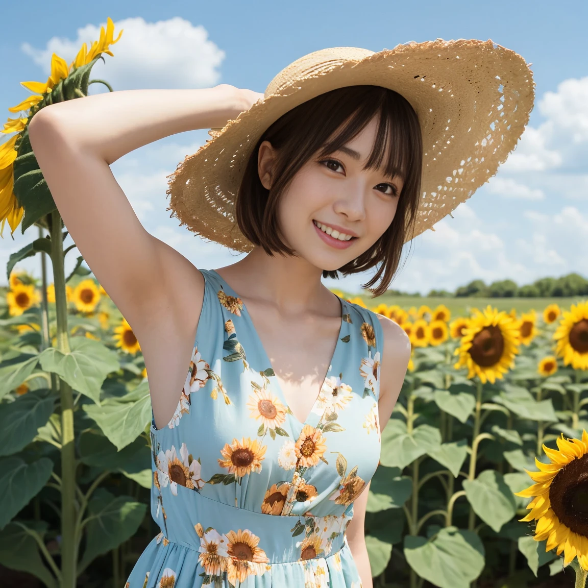(One woman), short bob, 28 years old, Japanese, brown eyes, brown hair, slim figure, flat chest, rosy cheeks, flushed face,
Break
Clothing Floral summer dress Dress is sleeveless and lightweight Wearing straw hat Expression/Background Happy smiling expression Sunflowers swaying in the wind and blue sky Green leaves can be seen between the sunflowers in the background