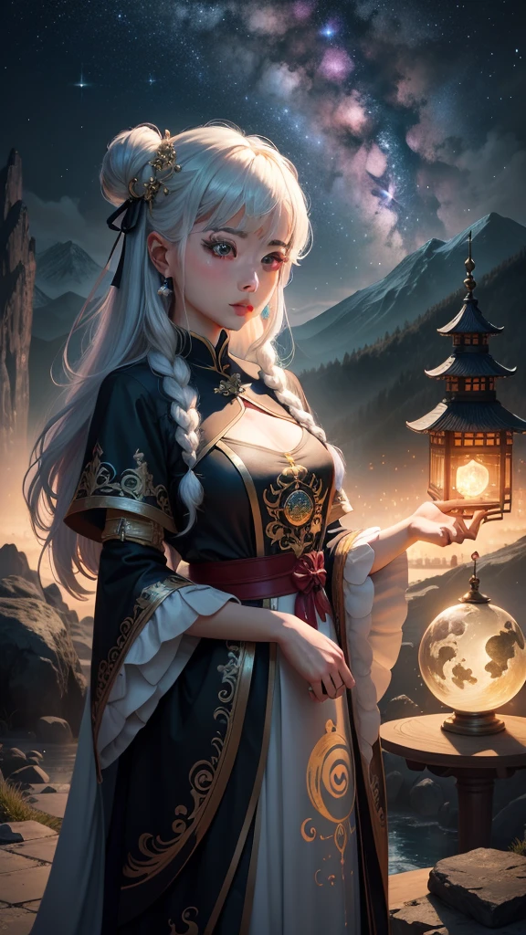 starrysky，kosmos，rays of moonlight，Moon，Skysky，highlight，bright，opulent，baiyun，yin yang，starlights，meteors，China-style，High hills，Mountain and river art，Unified 8k resolution wallpaper，high qulity，Photorealistic，High detail，Fantastic fantasy scene，The details are extremely detailed，scenecy，Magic，heal