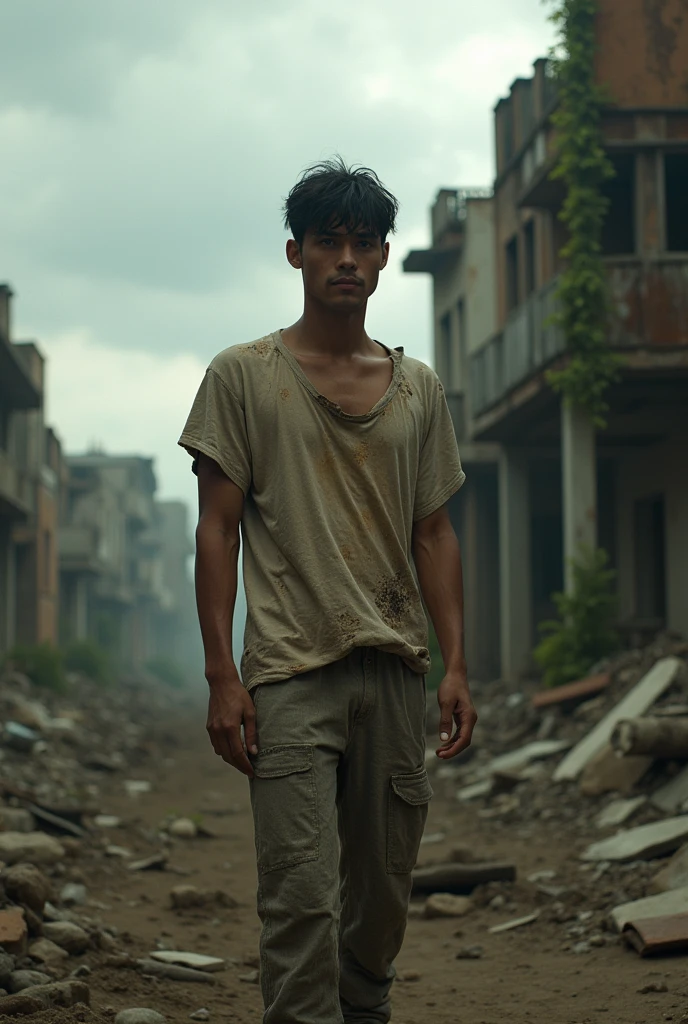 A dystopian future in Colombia where AIs win and there are few natural resources left. A 35-year-old HUMAN MAN, has brown eyes, long and angular face, short black hair, tez morena. Wear a worn-out PAJAMA top and pants that fit snugly and COVER THE SKIN. They have a devastated face.