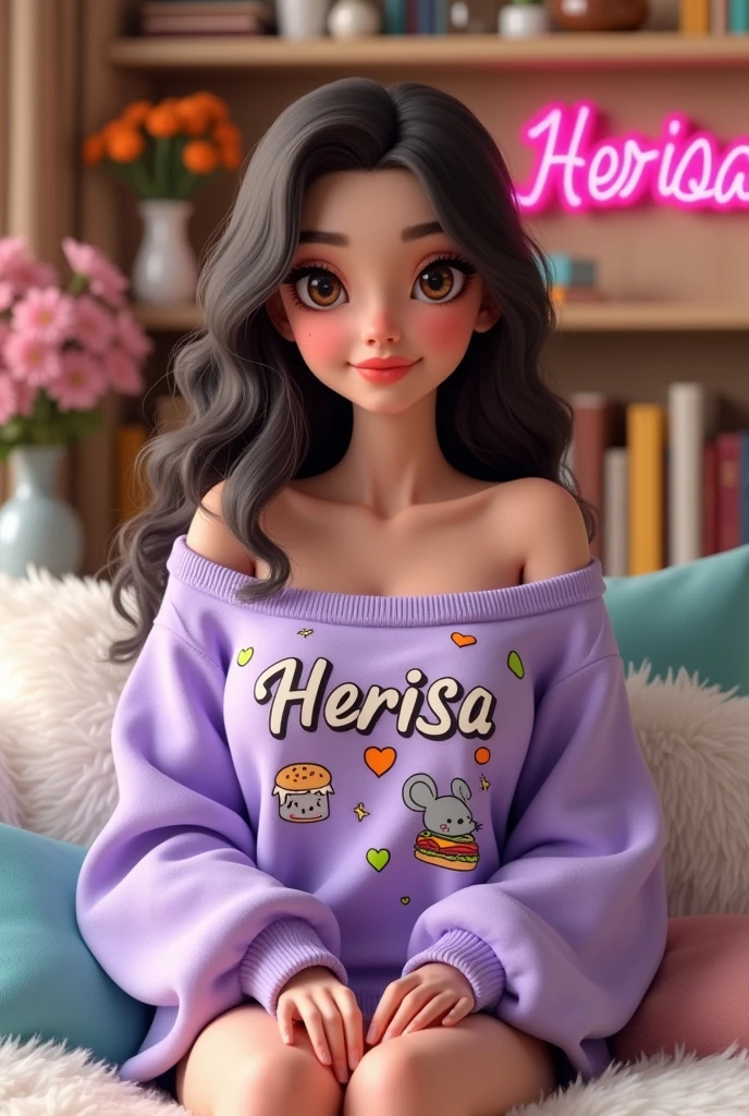 Create a detailed 3D model of a beautiful woman with light brown eyes, dark chocolate brown hair, and very pretty eyelashes. She should have bangs going forward and be wearing a purple lilac off-the-shoulder sweatshirt that says 'HerIsa'. The sweatshirt should have a mouse, a hamburger, and orange and green hearts drawn on it. She should be sitting on a white fluffy piece of furniture, with flowers and books on shelves behind her and a sign that says 'Team Herisa'♡
