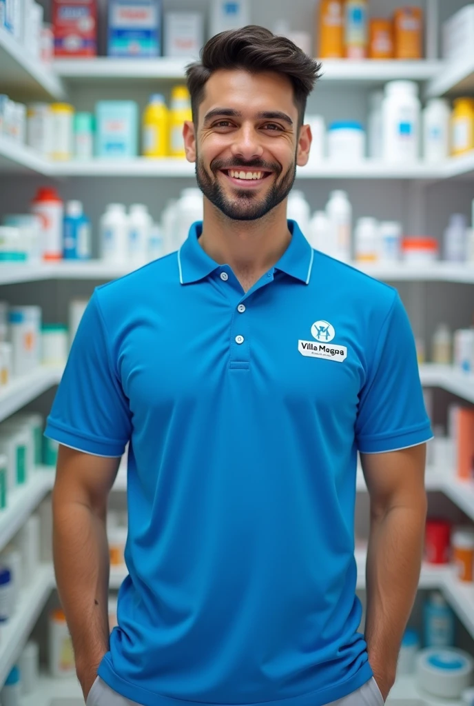 Design a uniform for a drugstore, blue and white, it should be a creative polo shirt with the Villa Magna logo