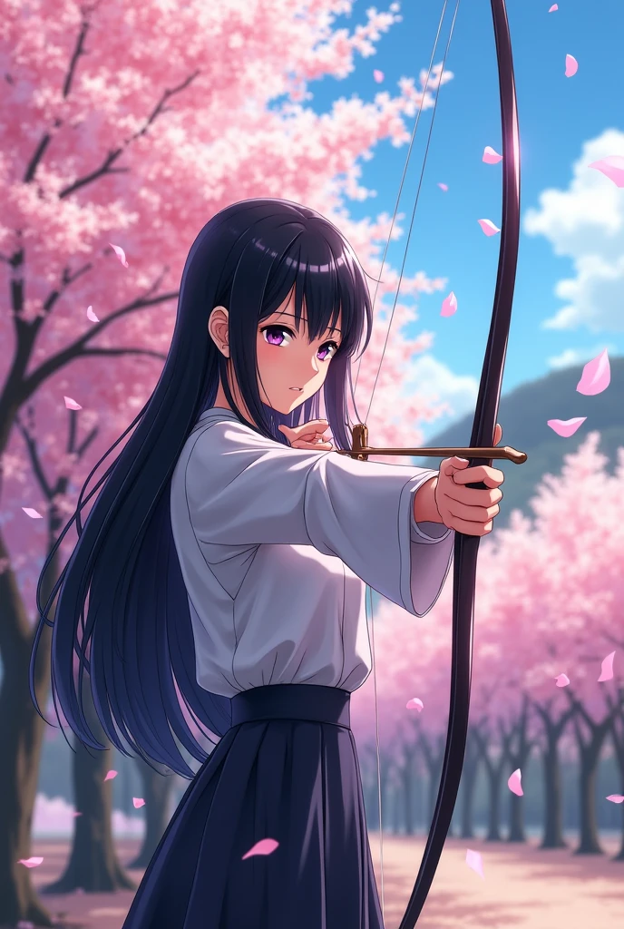 Young Japanese woman with serious features, with long, straight black hair, purple-eyed, practicing archery at school, anime styling