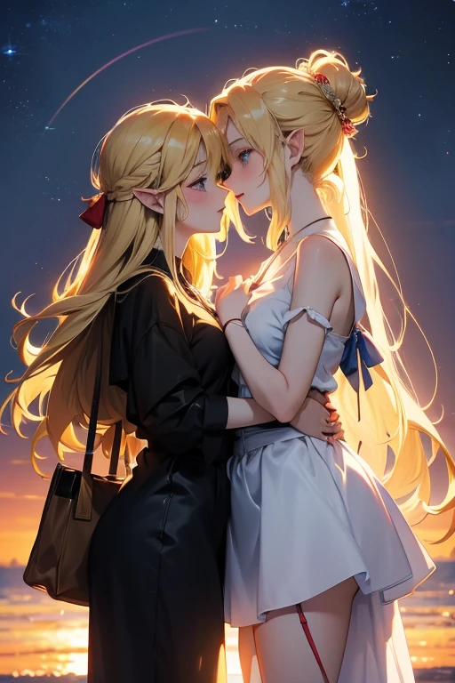 (anime) (anime style) (master piece) (best) (draw) (manga) anime kiss of couple two girls, 1 elf blonde, 1 human black hair, in love on sunset sky background full body