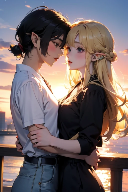 (anime) (anime style) (master piece) (best) (draw) (manga) anime kiss of couple two girls, 1 elf blonde, 1 human black hair, in love on sunset sky background full body