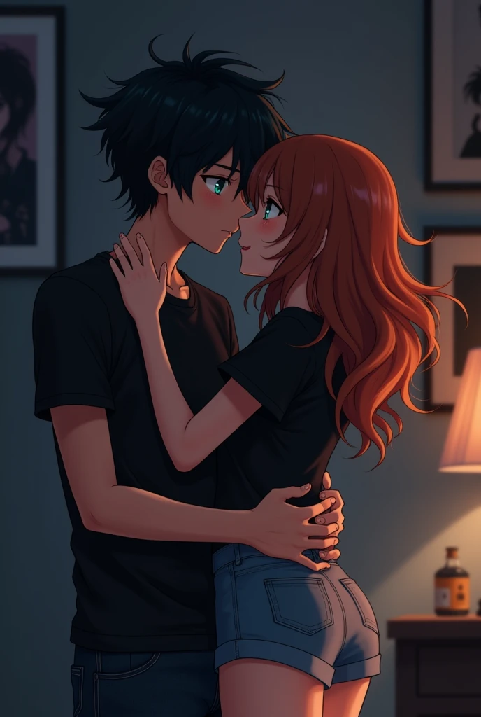 Create a full body image of a 21 year old anime boy and a girl boy kissing the girl while pressing the girls breast in a dark lit room both wearing a black tshirt and a jeans but gil's wear a short jeans.