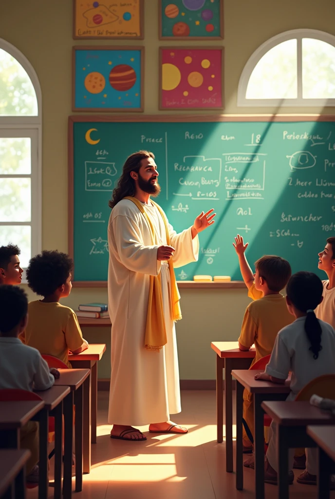 An image with Jesus as a science teacher with several children around him