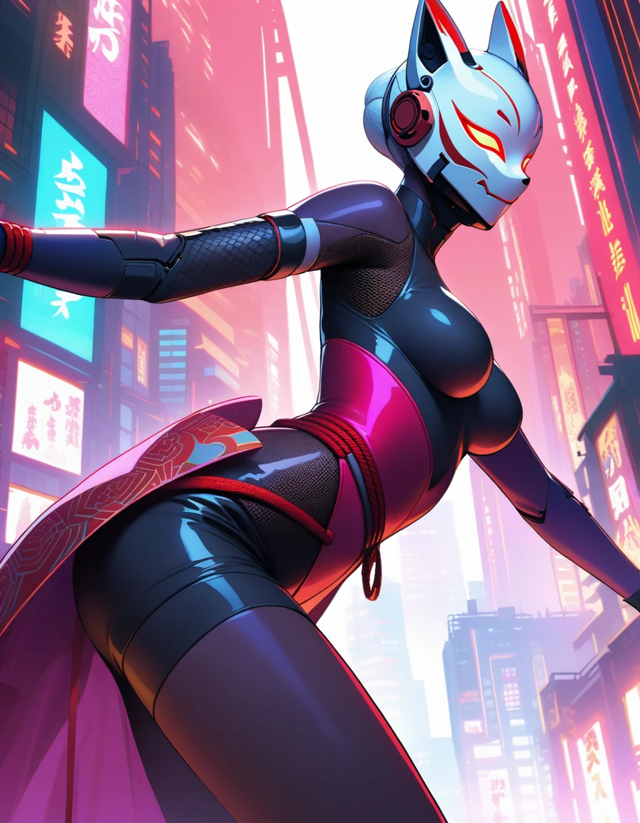 In a dystopian cyberpunk cityscape bathed in neon hues and moonlit shadows, a cyborg female ninja stands out as a stark silhouette. Her face is obscured by an ancient Inari fox mask, adorned with vibrant red lines on a white background, as she hurtles forward at breakneck speed. The wooden mask's intricate details seem to glow with a soft luminescence in the pale moonlight, while her lean, athletic physique appears to be propelled by some unseen force. The city's towering skyscrapers loom behind her, a testament to humanity's fleeting grasp on innovation and progress. A sensual profile with a crazy smile on her dark red lips., masterpiece, incredibly absurd resolution, absolutely resolution, ultra high resolution,