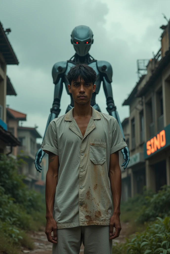 A dystopian future in Colombia where AIs win and there are few natural resources left. A 35-year-old HUMAN MAN, has brown eyes, long and angular face, short black hair, tez morena. Wear a worn-out PAJAMA top and pants that fit snugly and COVER THE SKIN. They have a devastated face.. It faces the physical manifestation of an artificial intelligence
