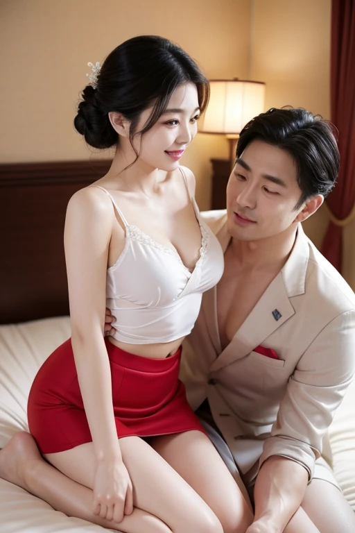 masterpiece、High resolution、Photo quality、Realistic、Beautiful Japanese Woman、Classy sexiness、Beautiful Japanese mature woman、(Sitting on a love hotel bed with a man.、The man is touching the woman's body.:1.2)、(business suit)、Beautiful chest、Cotton tight skirt、panties、smile、round face、Above the knee、Updo、NSWF、