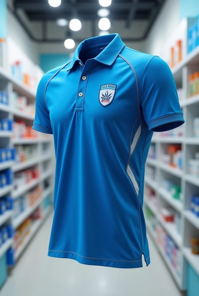 Design a uniform for a drugstore, blue and white, it should be a creative polo shirt with the Villa Magna logo