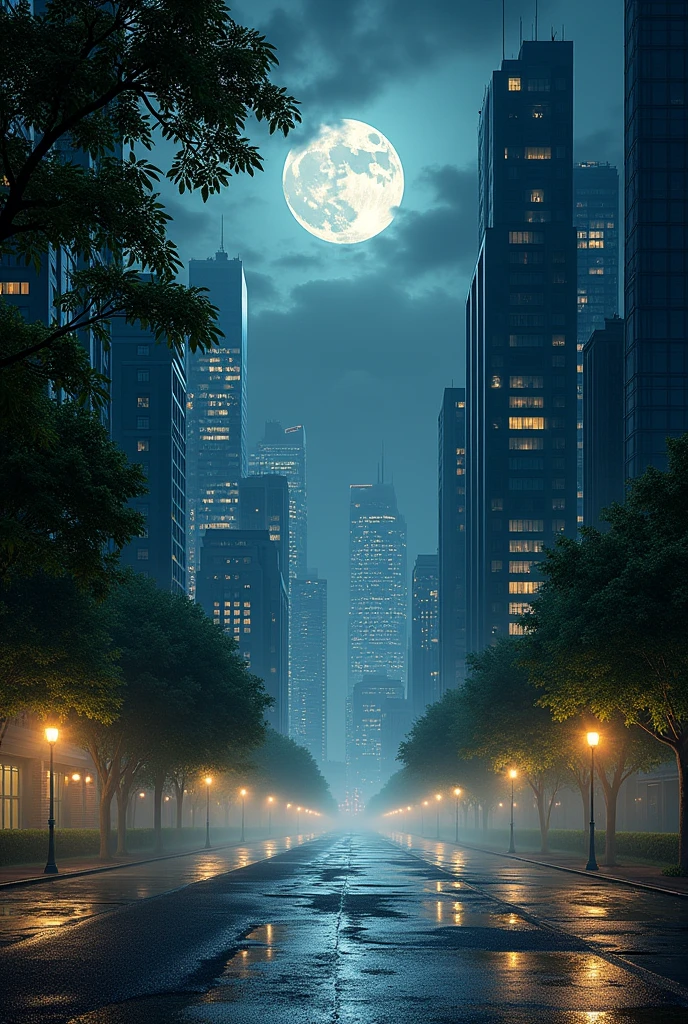 Image of a nighttime city scene without houses, featuring trees but no people.