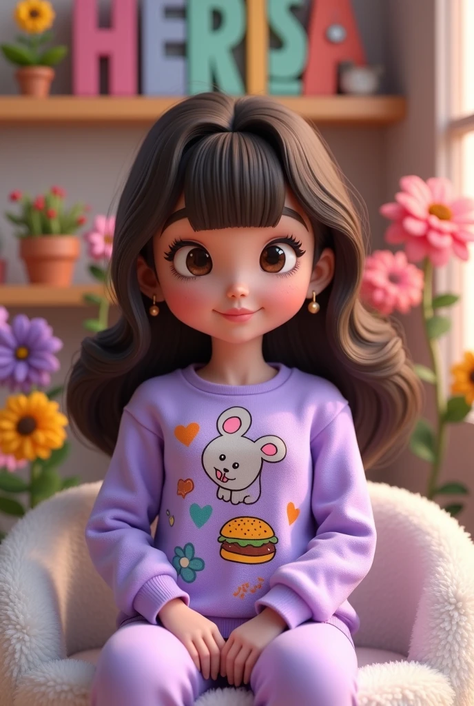 Create a detailed 3D model of a beautiful woman with light brown eyes, dark chocolate brown hair, and very pretty eyelashes. She should have bangs in the front and be wearing a purple-lilac sweatshirt that says "HerIsa." The sweatshirt should have a little mouse, a hamburger, and orange and green hearts drawn on it. She should be sitting on a fluffy white piece of furniture. In the background, there should be flowers and books on shelves and a sign that says "Team Herisa."♡