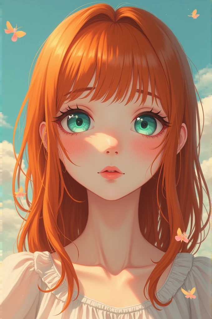 Realistic. 20 yo, white girl, intense orangish red copper hair, straight hair, see through bangs, huge delicate light teal eyes, marked eye corner between eyes and nose, flawless skin, redhead freckleless blushed skin, innocent and delicate anime looking face features, bunny pretty beauty, straight eye brows, small perfect uptuned nose, heart shaped lips, marked cupid bow