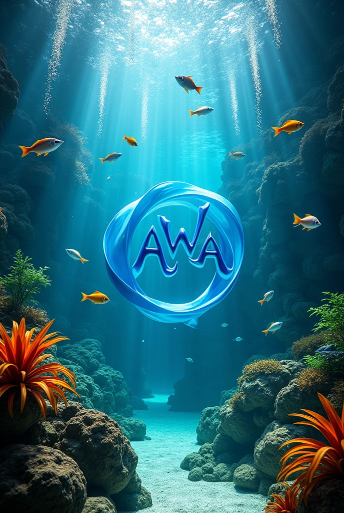Create an aquarium with plants and dancing fish with an awa logo