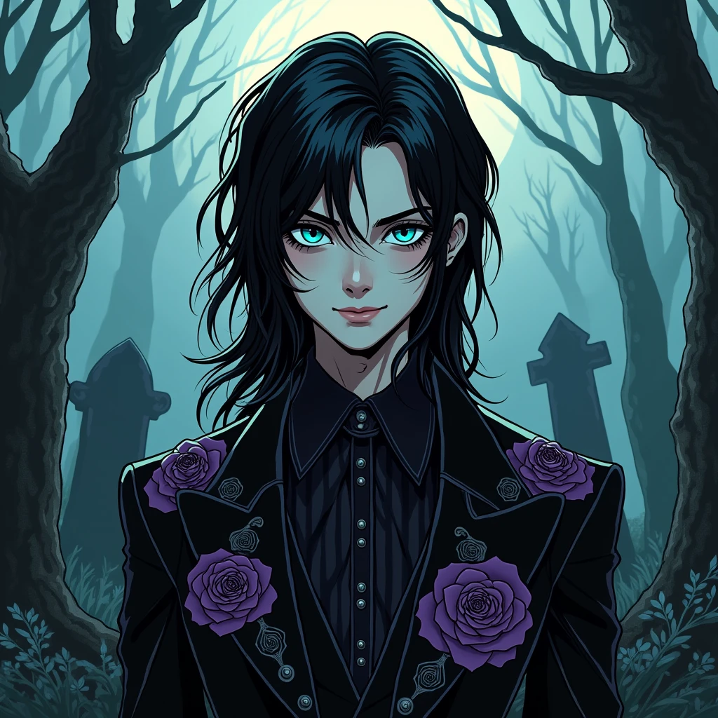 Male, sexy, long black hair, teal blue eyes, young, gothic clothes. delicate features, no facial hair, no body hair, seductive, white and pale. Roses. Purple and black. Long eyelashes. No facial hair. Man. Male. Smirking. No body or facial hair. Young male. Comic style. Male. Towering over the camera. Full body. Malicious. In a graveyard.