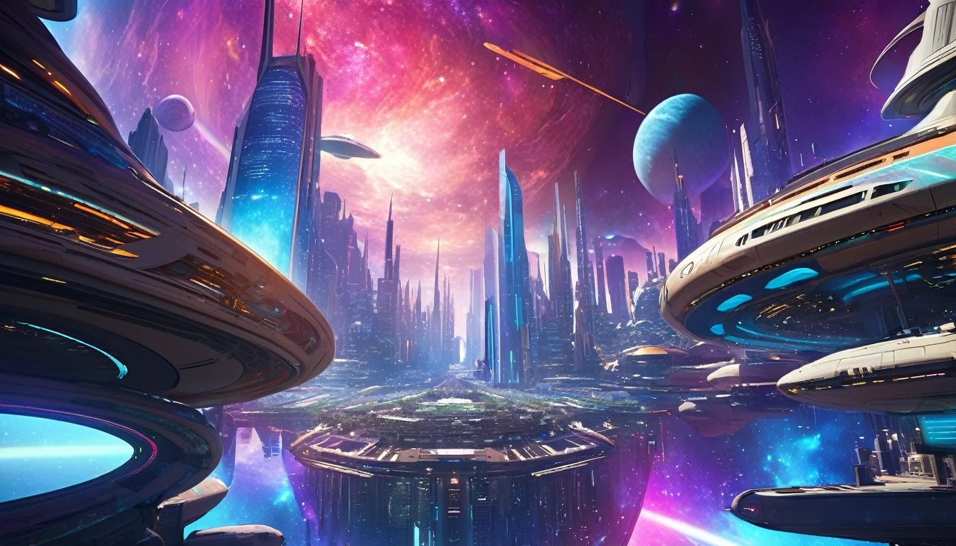 Vibrant nebula cores in the background, futuristc city, a beautiful planet occupying the sky, spaceship hovering over the city